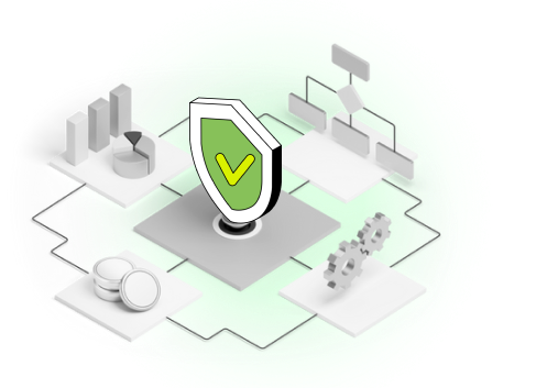 shield icon with checkmark surrounded by icons for data stack desks, charts and gear