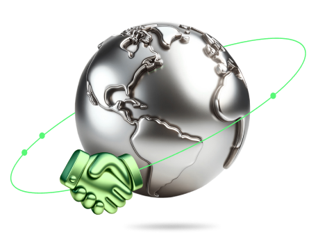 metallic globe with partners handshake
