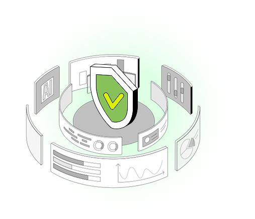 shield icon surrounded by reports and graphs