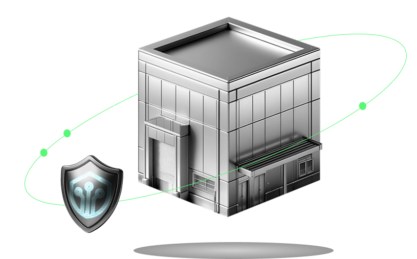 metallic building with shield in an orbit