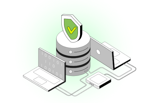 shield icon with stack servers and laptops