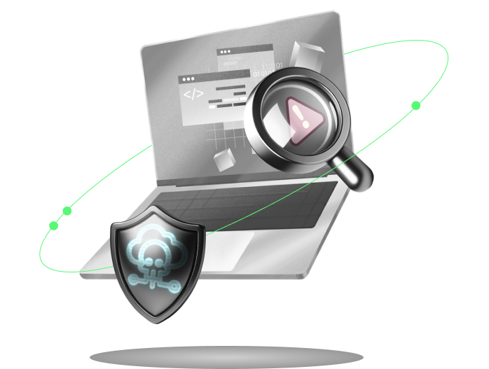 laptop with magnifying glass and shield icon showing the risk
