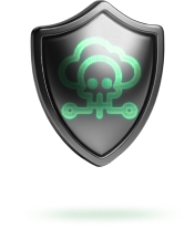 risk priortization metallic shield with skull and cloud